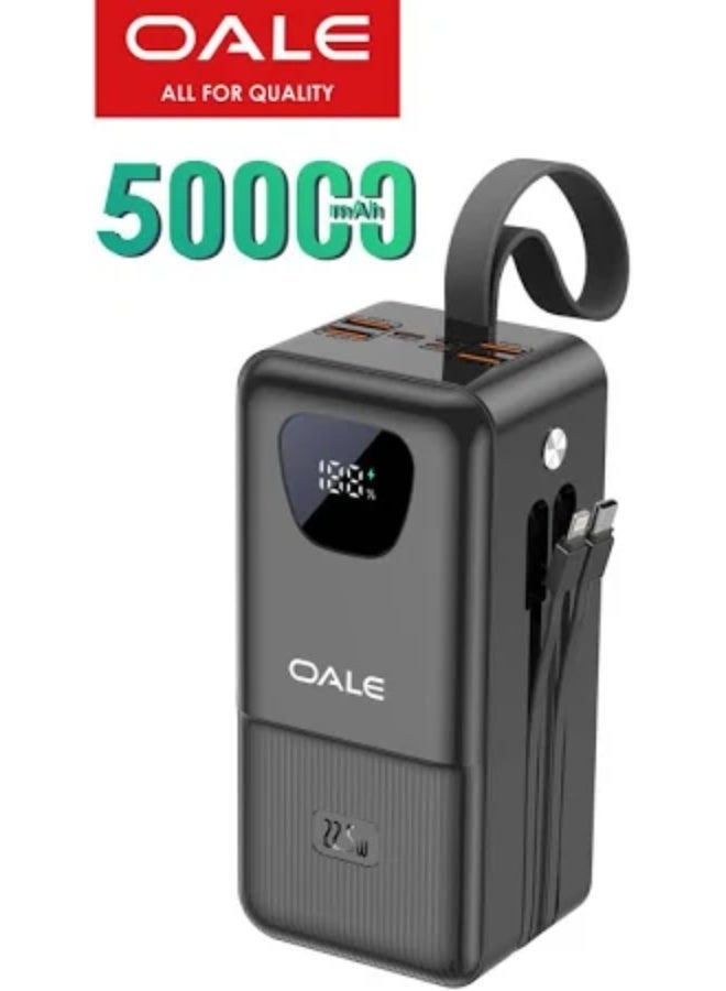 OALE Olae 50000mAh Power Bank 22.5W Fast Charging with 4 In-Built Cables, 4 Ports (2 USB + 2 Type-C), LCD Display & Emergency LED Lamp – High-Capacity Outdoor Backup Battery Black - Image 1